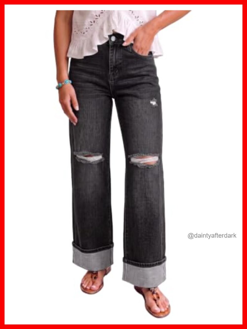 Wide Leg Jeans Women High Waisted Stretchy Ripped Denim Pants 29in Cuffed